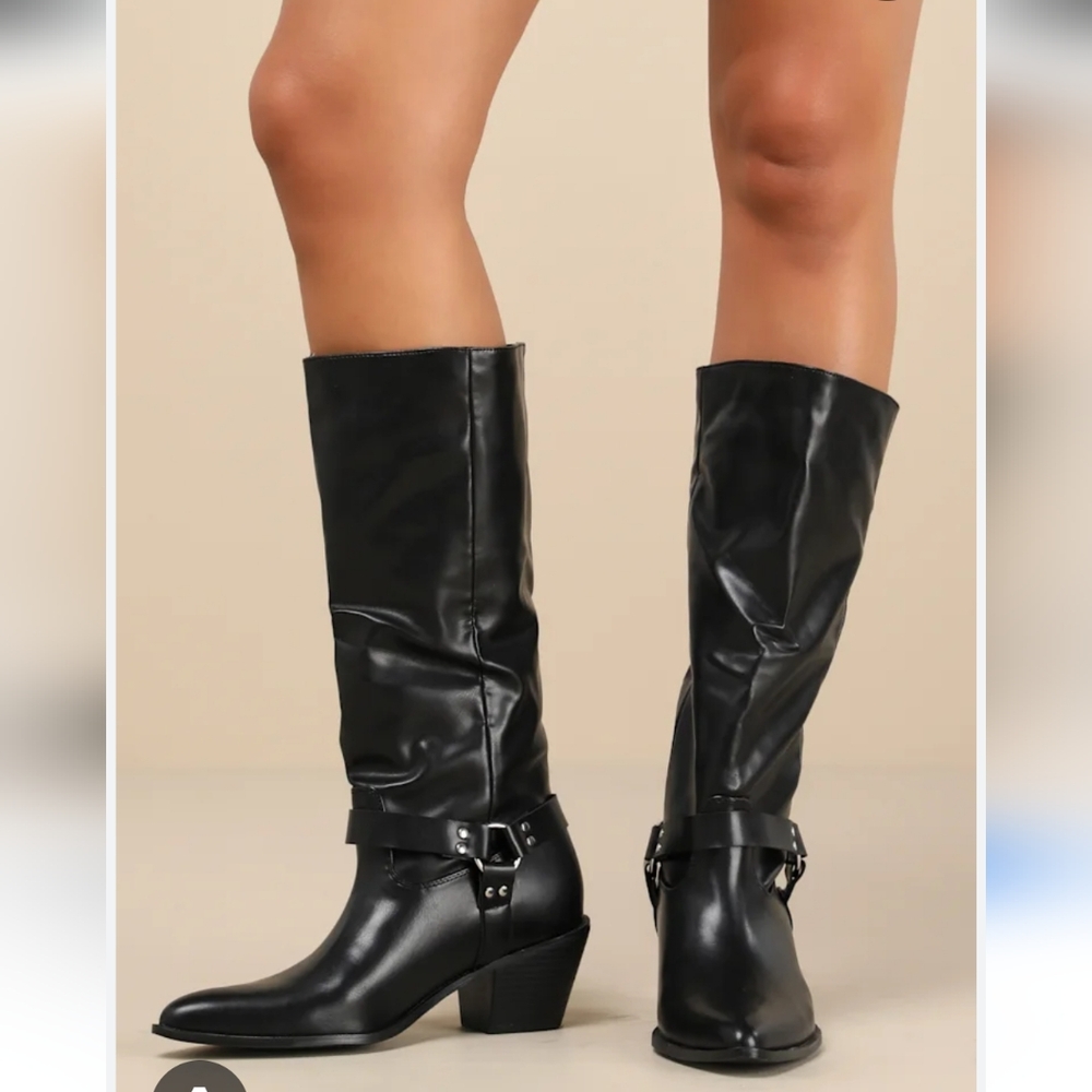 Lulus Boots, Size 6, Assia, Black w/ Silver Hardware, Faux Leather, Black, NEW!